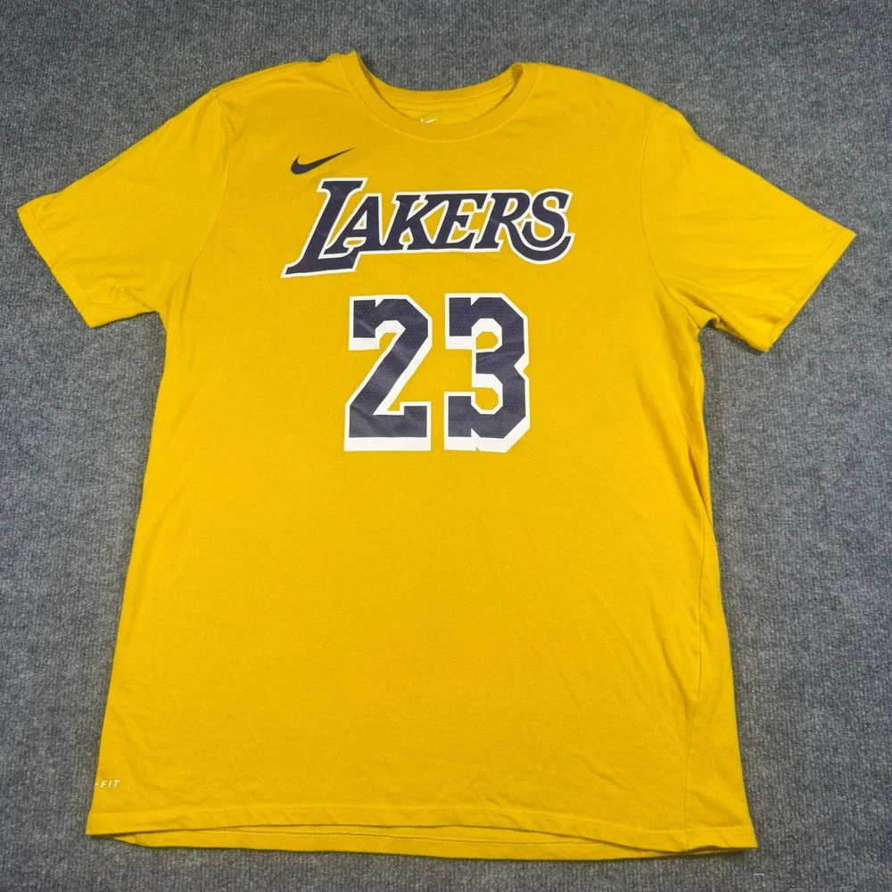 Nike Los Angeles Lakers LeBron James 23 Dri-FIT Shirt Yellow Mens Large NBA Tee